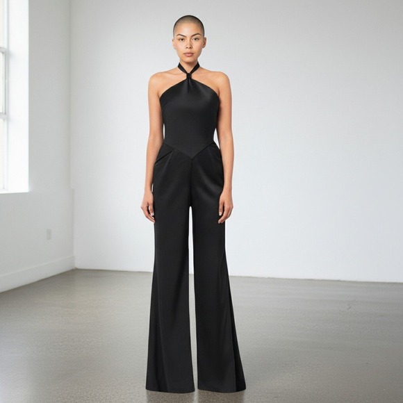 Aqua Pants - AQUA‎ Halter Neck Wide Leg Satin Jumpsuit Womens 12 Black Hostess Event $268 NWT